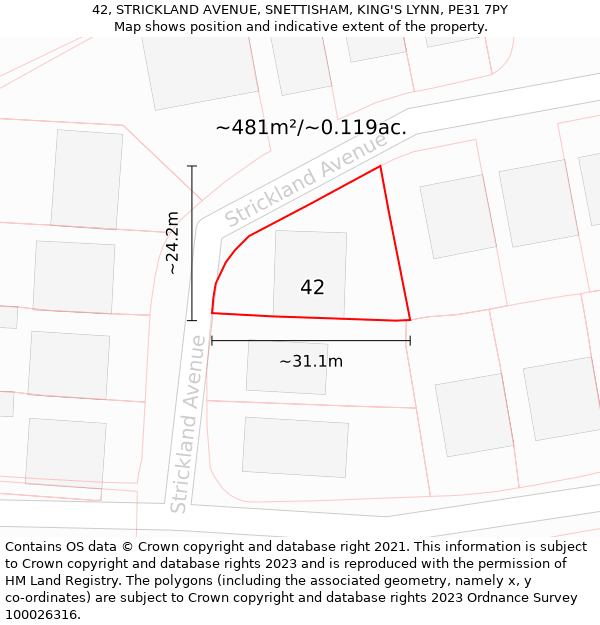 42, STRICKLAND AVENUE, SNETTISHAM, KING'S LYNN, PE31 7PY: Plot and title map