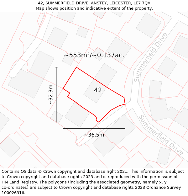 42, SUMMERFIELD DRIVE, ANSTEY, LEICESTER, LE7 7QA: Plot and title map