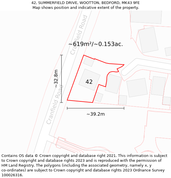 42, SUMMERFIELD DRIVE, WOOTTON, BEDFORD, MK43 9FE: Plot and title map