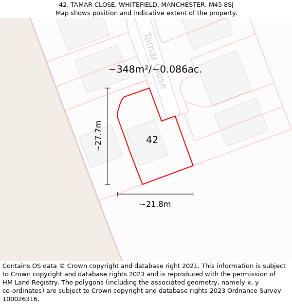 42, TAMAR CLOSE, WHITEFIELD, MANCHESTER, M45 8SJ: Plot and title map
