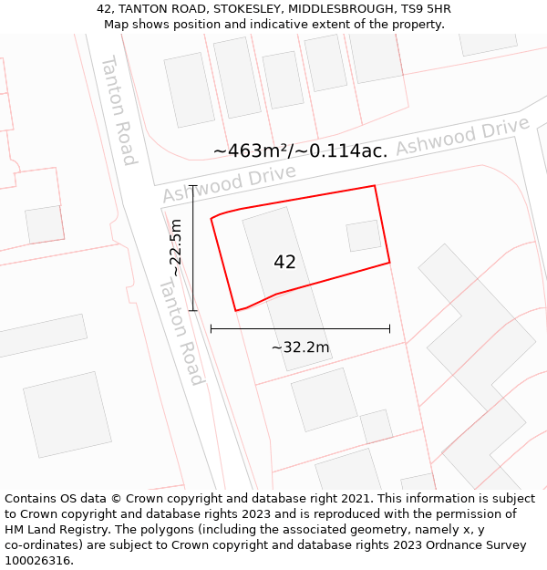 42, TANTON ROAD, STOKESLEY, MIDDLESBROUGH, TS9 5HR: Plot and title map