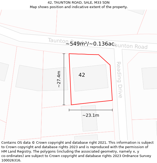 42, TAUNTON ROAD, SALE, M33 5DN: Plot and title map