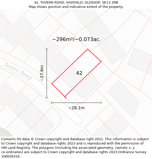 42, TAVERN ROAD, HADFIELD, GLOSSOP, SK13 2RB: Plot and title map