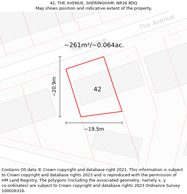 42, THE AVENUE, SHERINGHAM, NR26 8DQ: Plot and title map