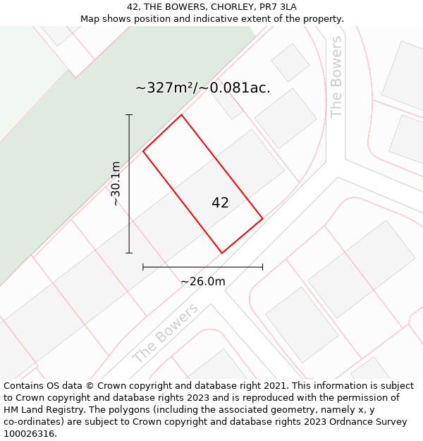 42, THE BOWERS, CHORLEY, PR7 3LA: Plot and title map