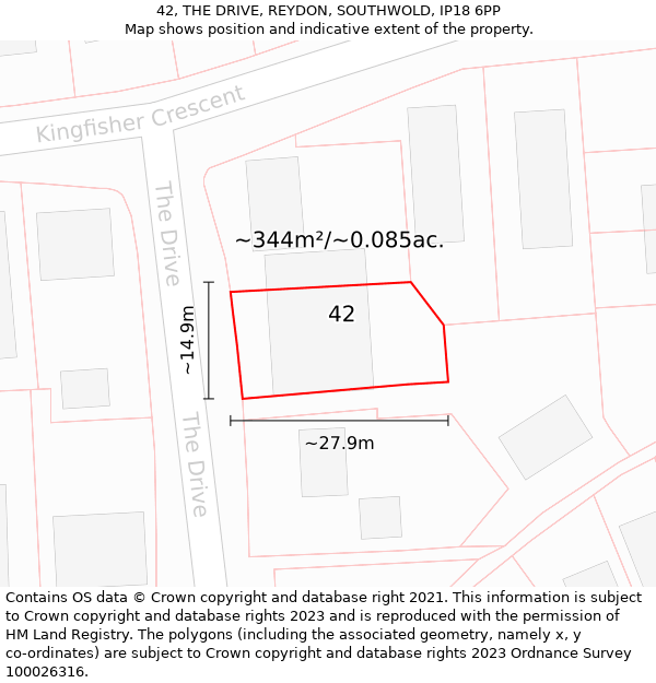 42, THE DRIVE, REYDON, SOUTHWOLD, IP18 6PP: Plot and title map