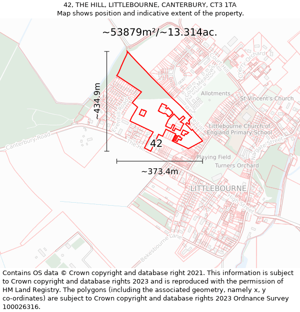 42, THE HILL, LITTLEBOURNE, CANTERBURY, CT3 1TA: Plot and title map