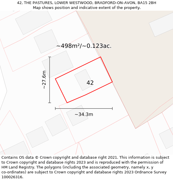 42, THE PASTURES, LOWER WESTWOOD, BRADFORD-ON-AVON, BA15 2BH: Plot and title map