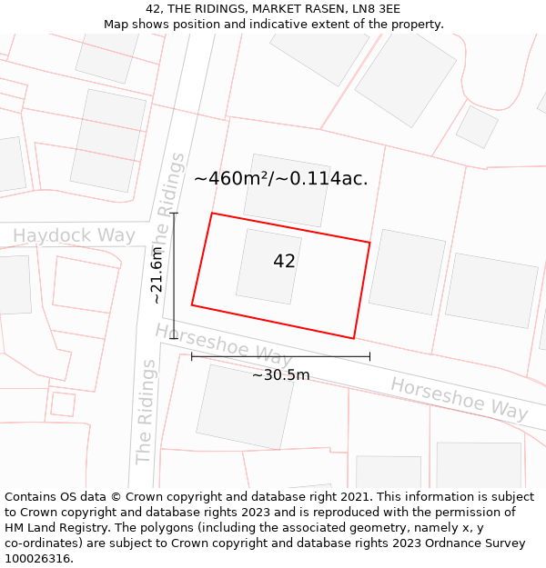 42, THE RIDINGS, MARKET RASEN, LN8 3EE: Plot and title map