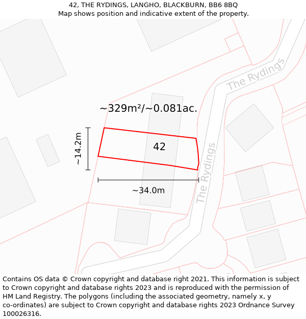 42, THE RYDINGS, LANGHO, BLACKBURN, BB6 8BQ: Plot and title map