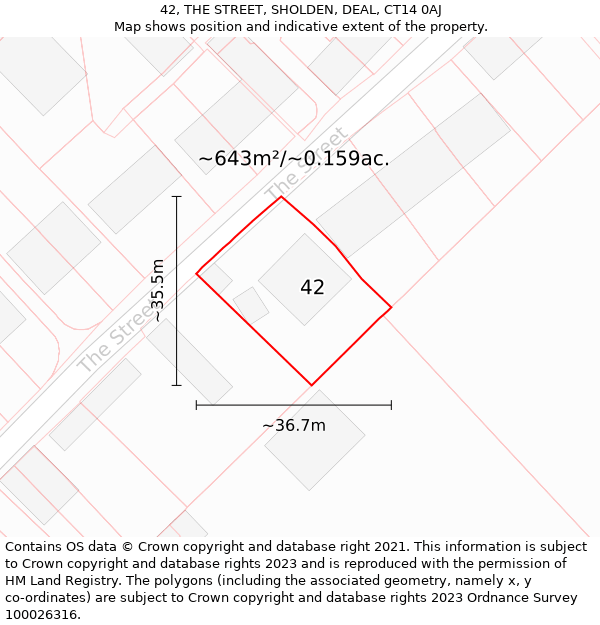 42, THE STREET, SHOLDEN, DEAL, CT14 0AJ: Plot and title map