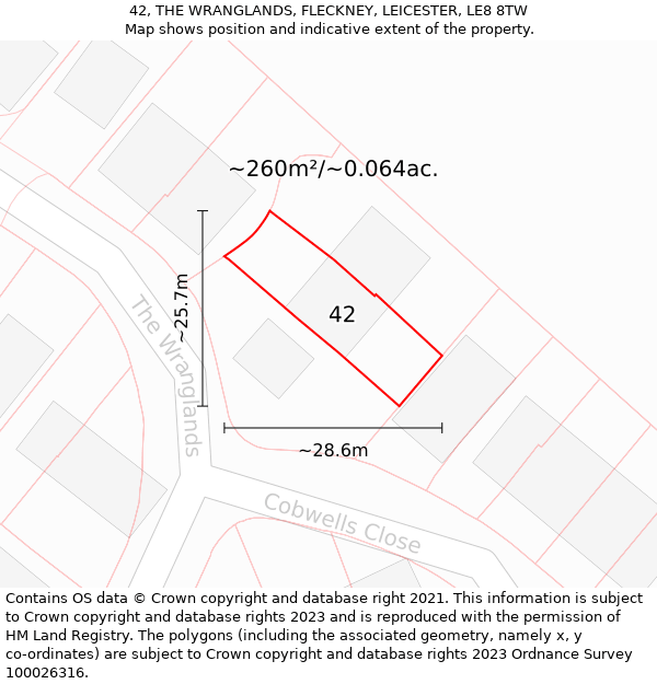 42, THE WRANGLANDS, FLECKNEY, LEICESTER, LE8 8TW: Plot and title map