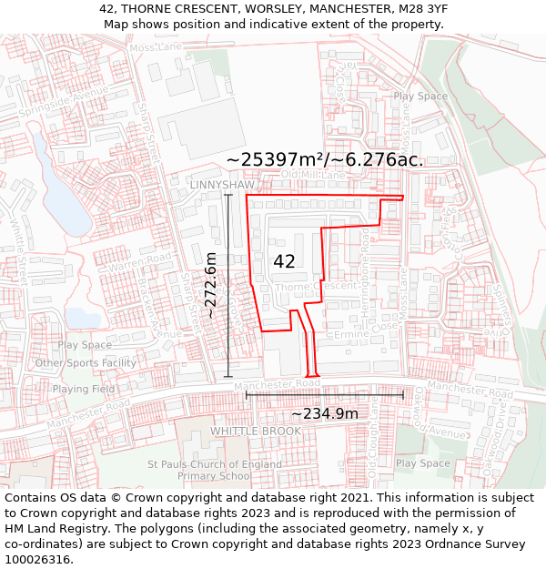 42, THORNE CRESCENT, WORSLEY, MANCHESTER, M28 3YF: Plot and title map