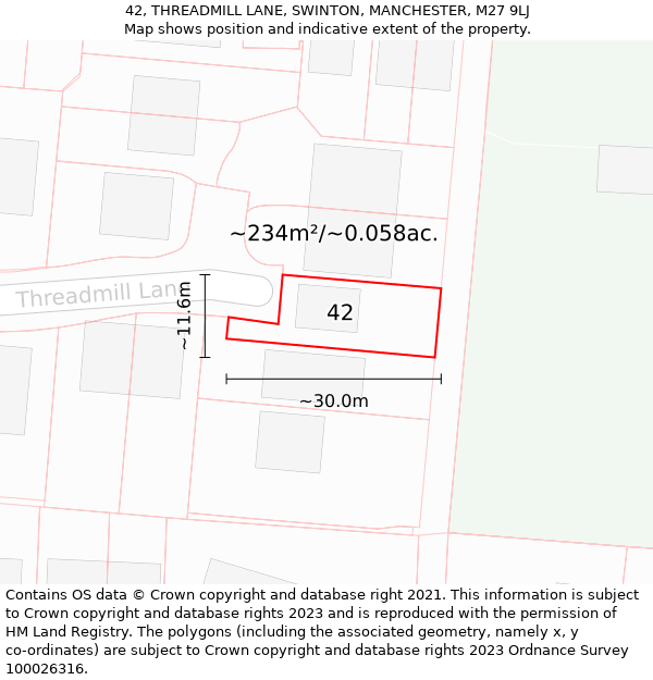 42, THREADMILL LANE, SWINTON, MANCHESTER, M27 9LJ: Plot and title map