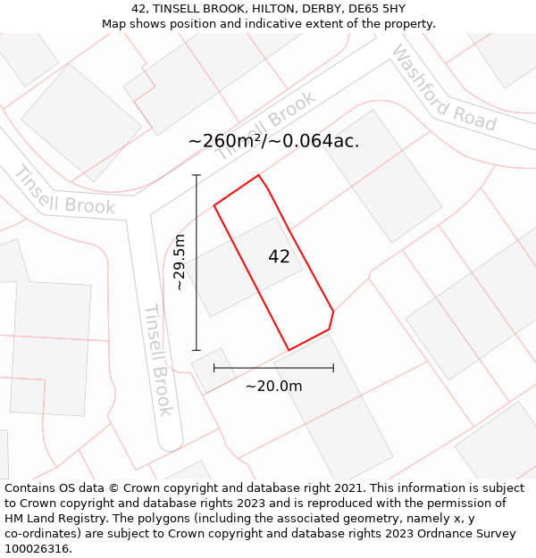 42, TINSELL BROOK, HILTON, DERBY, DE65 5HY: Plot and title map