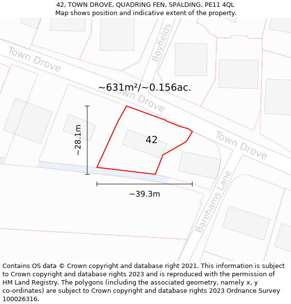 42, TOWN DROVE, QUADRING FEN, SPALDING, PE11 4QL: Plot and title map