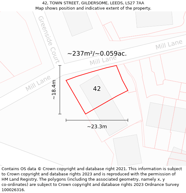 42, TOWN STREET, GILDERSOME, LEEDS, LS27 7AA: Plot and title map