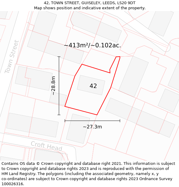 42, TOWN STREET, GUISELEY, LEEDS, LS20 9DT: Plot and title map