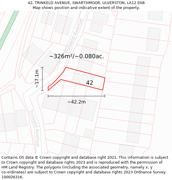 42, TRINKELD AVENUE, SWARTHMOOR, ULVERSTON, LA12 0XB: Plot and title map