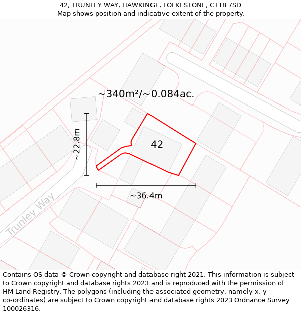 42, TRUNLEY WAY, HAWKINGE, FOLKESTONE, CT18 7SD: Plot and title map