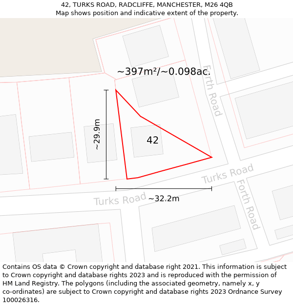 42, TURKS ROAD, RADCLIFFE, MANCHESTER, M26 4QB: Plot and title map