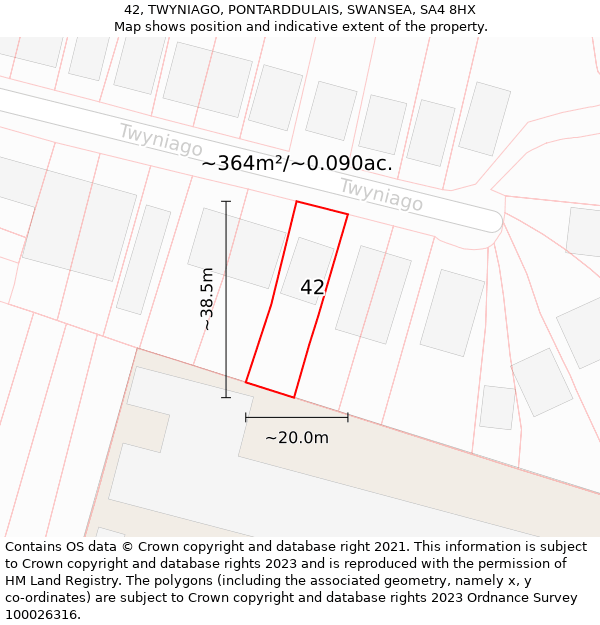 42, TWYNIAGO, PONTARDDULAIS, SWANSEA, SA4 8HX: Plot and title map