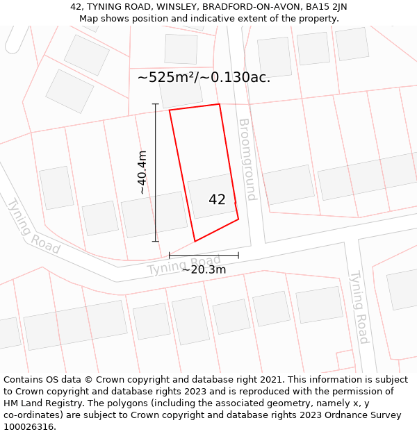 42, TYNING ROAD, WINSLEY, BRADFORD-ON-AVON, BA15 2JN: Plot and title map