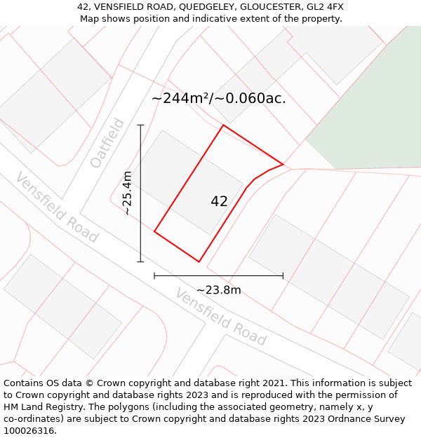42, VENSFIELD ROAD, QUEDGELEY, GLOUCESTER, GL2 4FX: Plot and title map