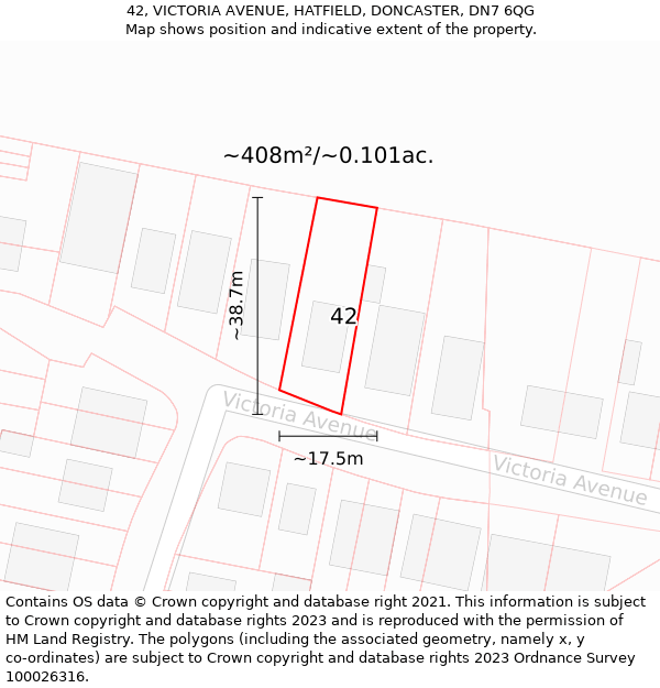 42, VICTORIA AVENUE, HATFIELD, DONCASTER, DN7 6QG: Plot and title map