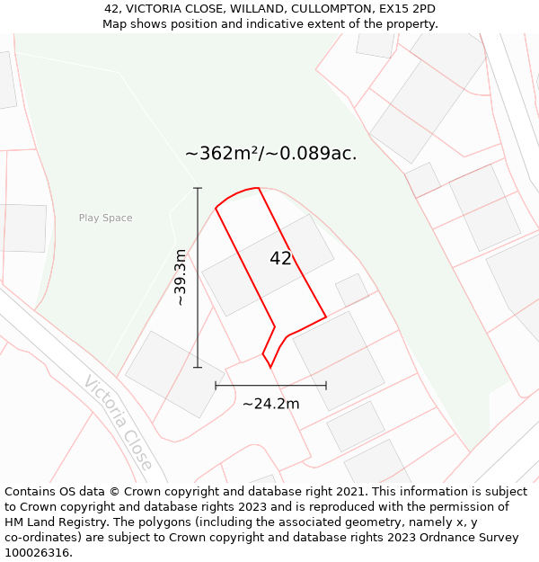 42, VICTORIA CLOSE, WILLAND, CULLOMPTON, EX15 2PD: Plot and title map