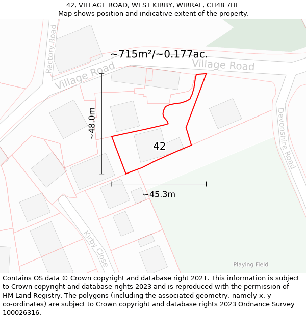 42, VILLAGE ROAD, WEST KIRBY, WIRRAL, CH48 7HE: Plot and title map