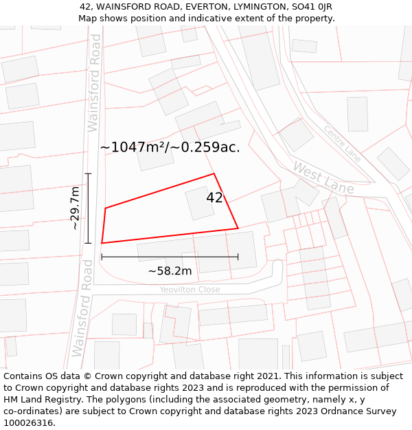 42, WAINSFORD ROAD, EVERTON, LYMINGTON, SO41 0JR: Plot and title map