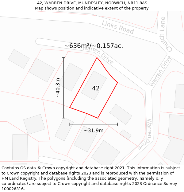 42, WARREN DRIVE, MUNDESLEY, NORWICH, NR11 8AS: Plot and title map