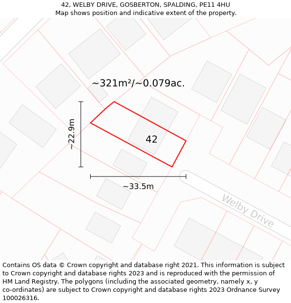 42, WELBY DRIVE, GOSBERTON, SPALDING, PE11 4HU: Plot and title map