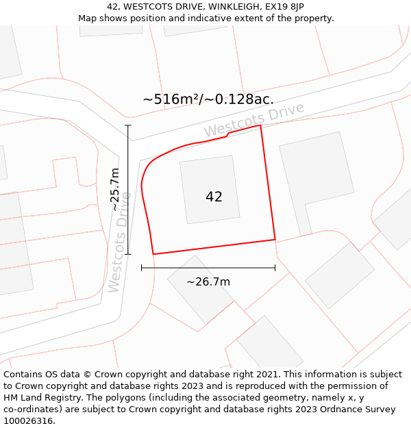 42, WESTCOTS DRIVE, WINKLEIGH, EX19 8JP: Plot and title map
