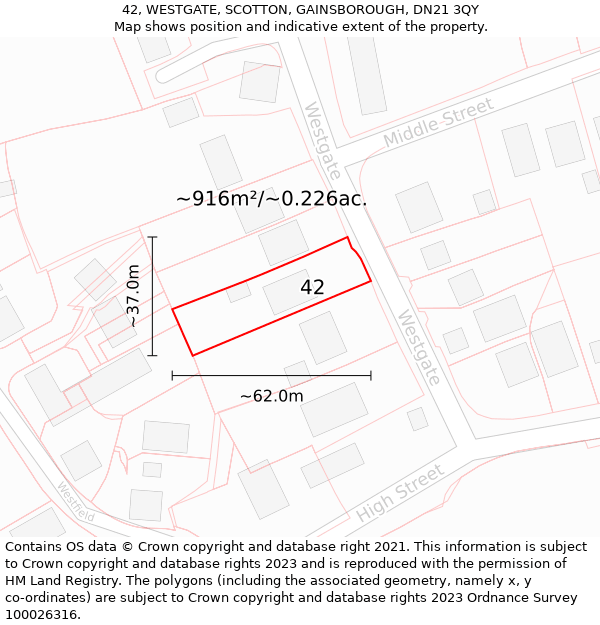 42, WESTGATE, SCOTTON, GAINSBOROUGH, DN21 3QY: Plot and title map