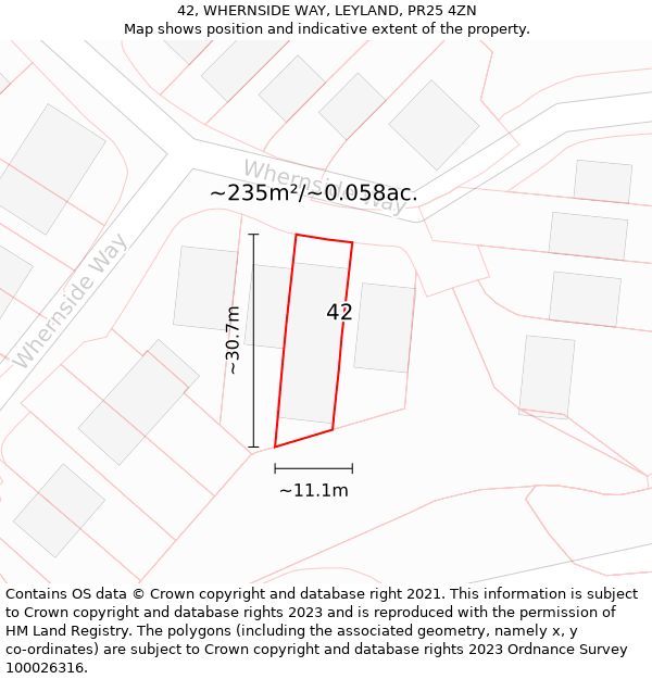 42, WHERNSIDE WAY, LEYLAND, PR25 4ZN: Plot and title map