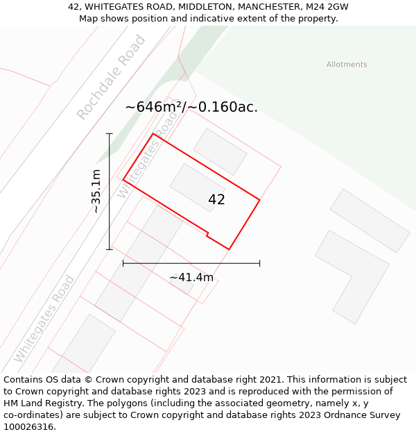 42, WHITEGATES ROAD, MIDDLETON, MANCHESTER, M24 2GW: Plot and title map