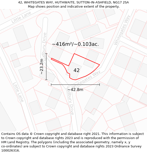 42, WHITEGATES WAY, HUTHWAITE, SUTTON-IN-ASHFIELD, NG17 2SA: Plot and title map