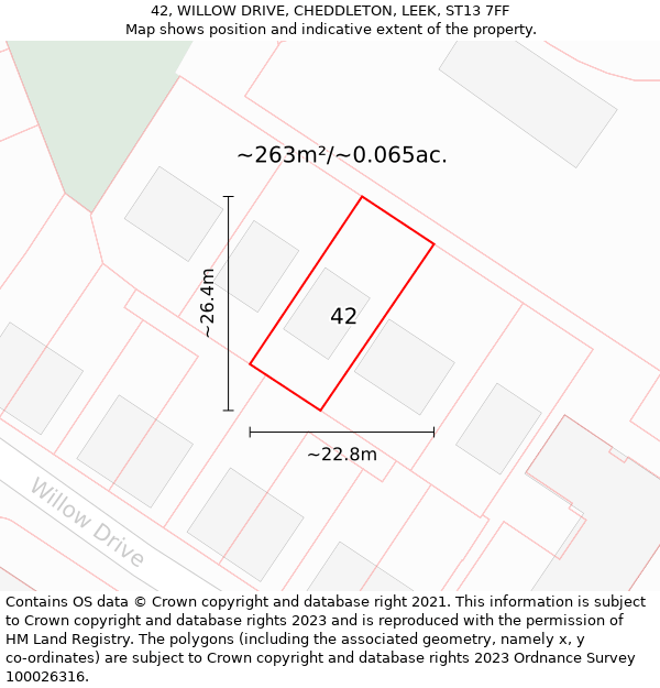 42, WILLOW DRIVE, CHEDDLETON, LEEK, ST13 7FF: Plot and title map