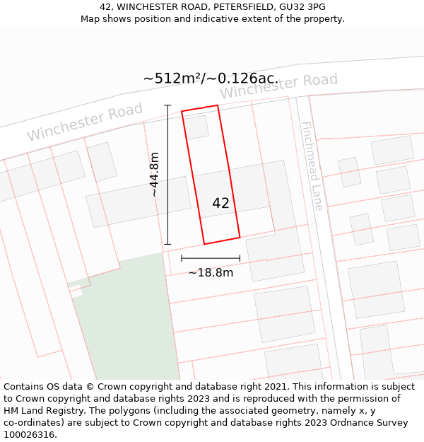 42, WINCHESTER ROAD, PETERSFIELD, GU32 3PG: Plot and title map