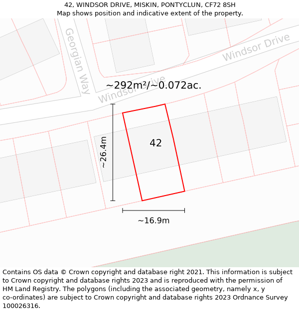 42, WINDSOR DRIVE, MISKIN, PONTYCLUN, CF72 8SH: Plot and title map