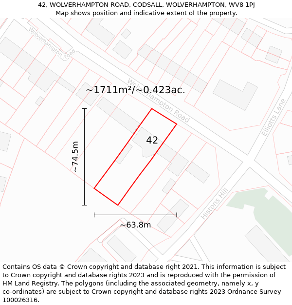 42, WOLVERHAMPTON ROAD, CODSALL, WOLVERHAMPTON, WV8 1PJ: Plot and title map