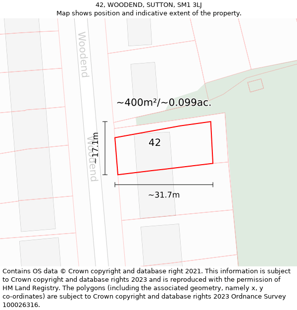 42, WOODEND, SUTTON, SM1 3LJ: Plot and title map