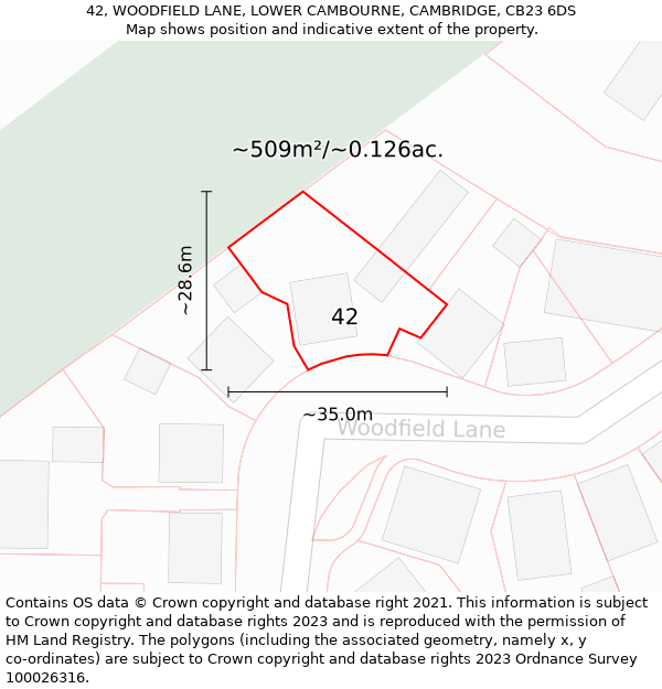 42, WOODFIELD LANE, LOWER CAMBOURNE, CAMBRIDGE, CB23 6DS: Plot and title map