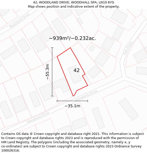 42, WOODLAND DRIVE, WOODHALL SPA, LN10 6YG: Plot and title map