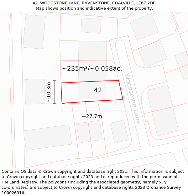 42, WOODSTONE LANE, RAVENSTONE, COALVILLE, LE67 2DR: Plot and title map