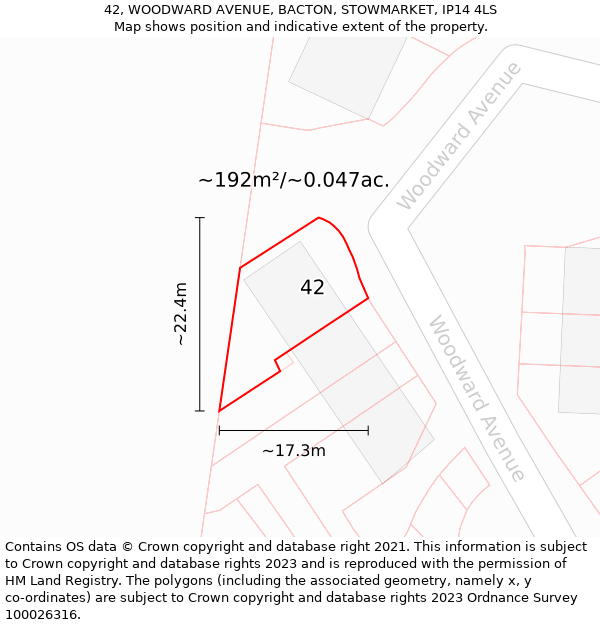 42, WOODWARD AVENUE, BACTON, STOWMARKET, IP14 4LS: Plot and title map