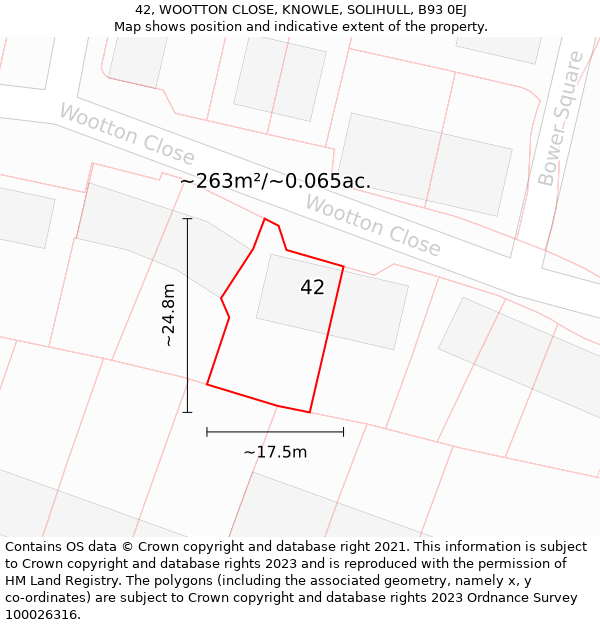 42, WOOTTON CLOSE, KNOWLE, SOLIHULL, B93 0EJ: Plot and title map