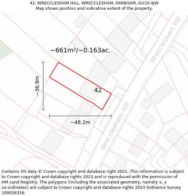 42, WRECCLESHAM HILL, WRECCLESHAM, FARNHAM, GU10 4JW: Plot and title map